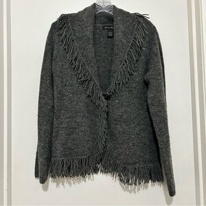 Marisa Christina Coastal Cowgirl Fringe Trim Cardigan Gray Wool Blend L Bohemian